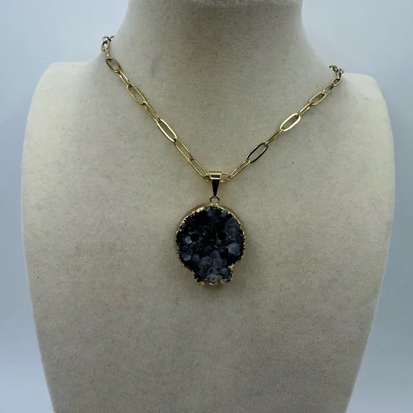 Druzy Amethyst Skull Pendant with Gold Plated Siding on Stainless Steel Chain - Picture 5 of 9